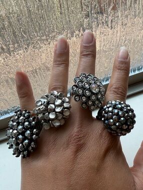 Statement Silver and Black Cluster Cocktail Rings - Women Jewelry